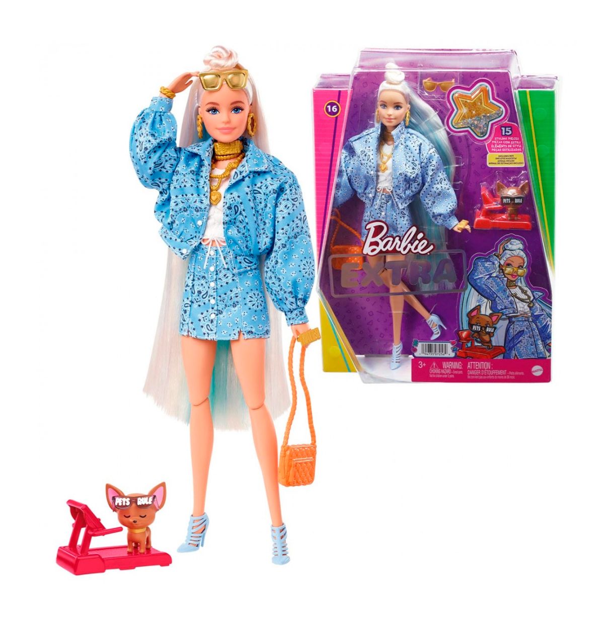 barbie extra conjunto estampado bandana muñeca rubia articulada con accesorios de moda y mascota, juguete +3 años (mattel hhn08)